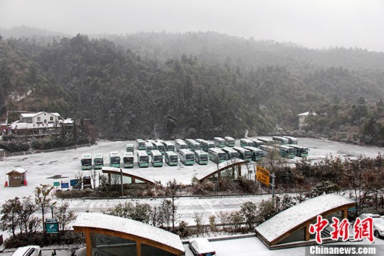 资料图 江西井冈山游客服务中心停车场停放着的旅游大巴。中新社发 罗嗣尧 摄