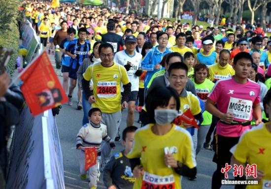 资料图：厦门国际马拉松赛吸引许多市民举家参赛。/p中新社发 张斌 摄