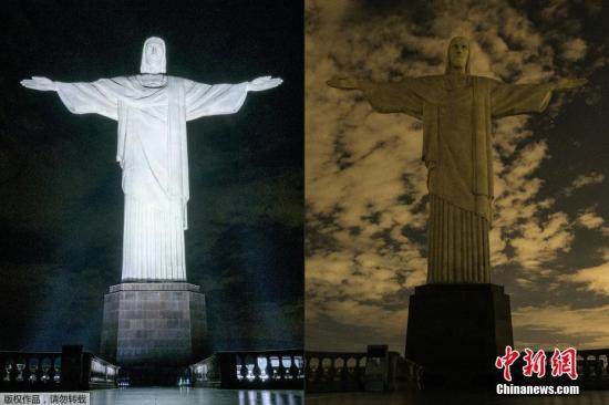 资料图：著名的耶稣山雕塑参与了“地球一小时”环保活动，熄灯一小时。
