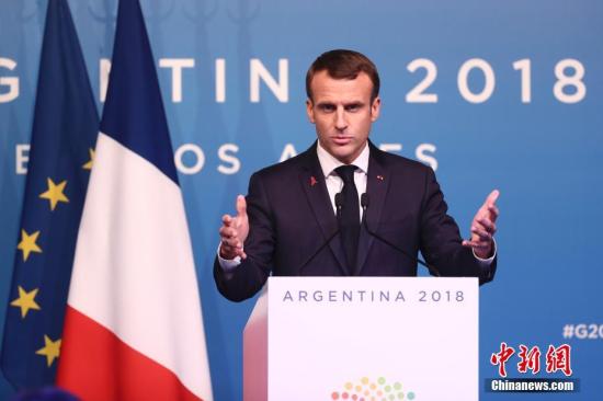 当地时间12月1日，法国总统马克龙在布宜诺斯艾利斯举行新闻发布会。当日，二十国集团领导人第十三次峰会在阿根廷首都布宜诺斯艾利斯落下帷幕。 中新社记者 盛佳鹏 摄
