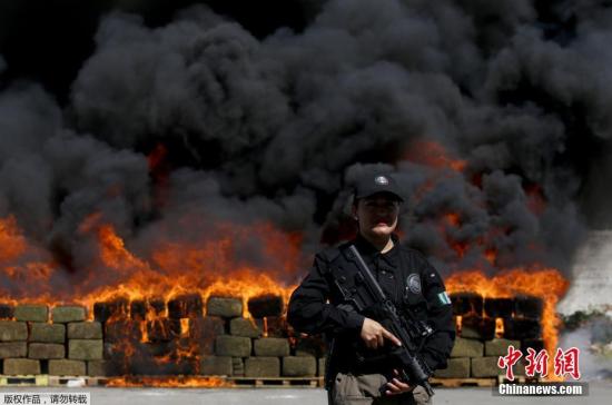 资料图：当地时间2月1日，墨西哥哈利斯科州萨波潘，超过3吨大麻和其它麻醉品被集中焚毁，总检察长办公室人员进行站岗。