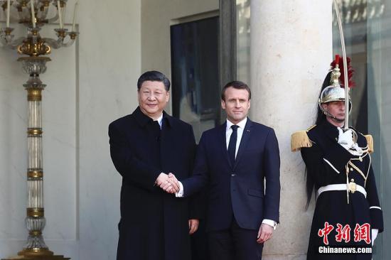 当地时间3月25日，中国国家主席习近平在巴黎爱丽舍宫同法国总统马克龙会谈。/p中新社记者 盛佳鹏 摄