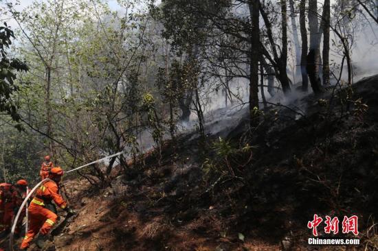 资料图：消防队员全力清扫四川冕宁森林火灾火场。丁庚 摄
