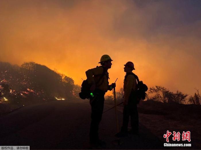 当地时间2019年11月25日，美国加州，洛斯帕德雷斯国家森林公园发生火灾，消防队员赶往现场灭火。