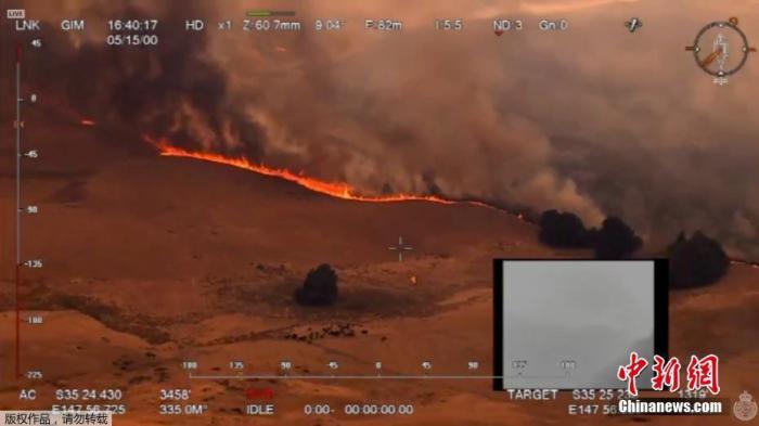 当地时间2019年12月30日，航拍澳大利亚新南威尔士州埃勒斯里森林大火火势，火线在高温和强风的助长下迅速吞噬农田。