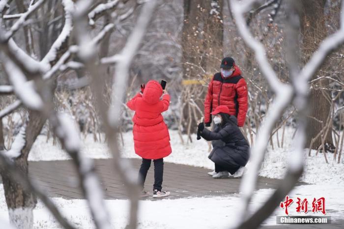2月2日，北京迎来农历鼠年首场降雪。图为市民佩戴口罩欣赏雪景。<a target='_blank' href='http://www.chinanews.com/'>中新社</a>记者 苏丹 摄