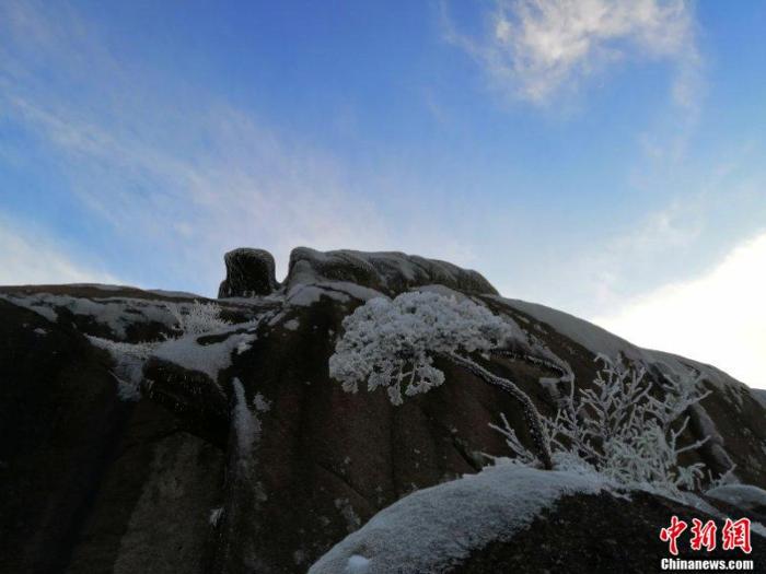 湛蓝的天空之下，黄山奇石陡峰，在白雪衬托中更见其风姿。 梅建 摄