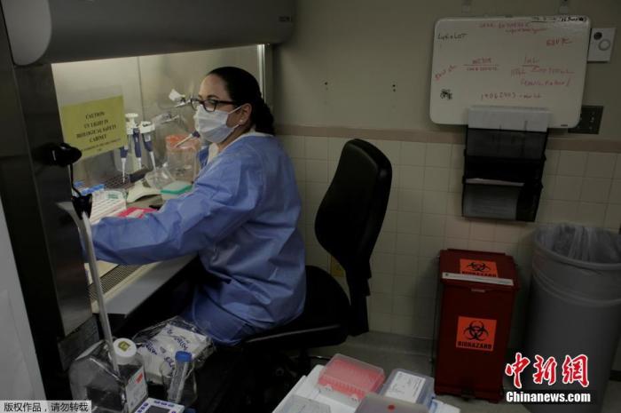 当地时间4月14日，美国华盛顿州刘易斯-麦考德联合基地的麦迪根陆军医疗中心实验室，微生物学家正在进行检测核酸。