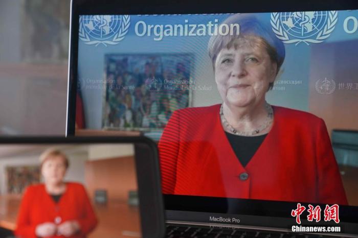 资料图：5月18日，第七十三届世界卫生大会以视频会议形式举行开幕式，德国总理默克尔远程致辞。<em></em>
中新社记者 彭大伟 摄