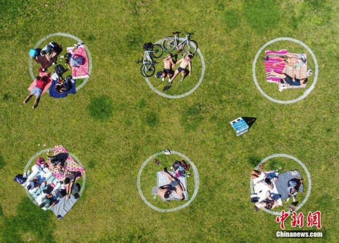 当地时间5月24日，美国旧金山市区的多洛雷斯公园在草坪上画出数百个圆圈，以敦促前来休闲娱乐的人们保持“社交距离”。
<a target='_blank' href='http://www.chinanews.com/'>中新社</a>记者 刘关关 摄
