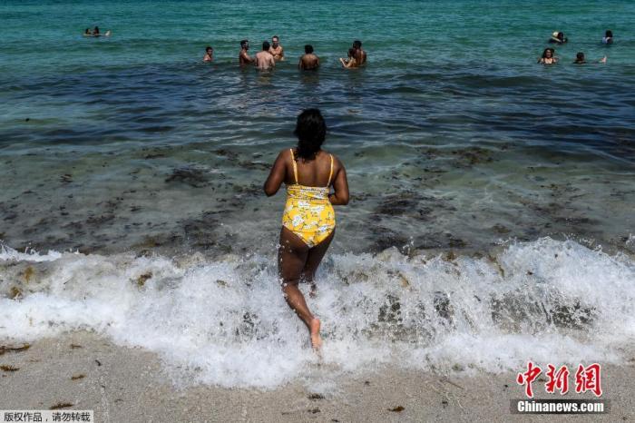 当地时间6月10日，佛罗里达州迈阿密海滩关闭近三个月后首次开放，工作人员在场提醒游客保持社交距离的前提下享受阳光沙滩。
