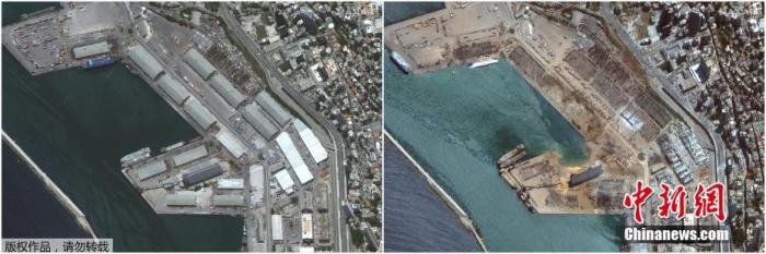 8月6日消息，当地时间4日，黎巴嫩首都贝鲁特港口区发生剧烈爆炸，伤亡惨重。图为贝鲁特港口区爆炸前后对比，港口陆地被炸出一个豁口。