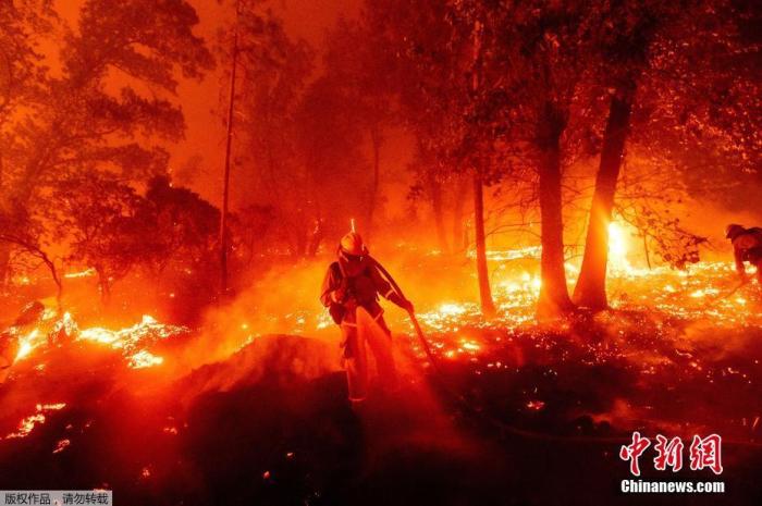当地时间9月7日，加州山火持续燃烧，消防队员在火海中灭火。据美媒报道，2020年，加州的过火面积已超过209万英亩(约合8457平方公里)，打破了历史纪录。这相当于大约10个纽约市的面积。