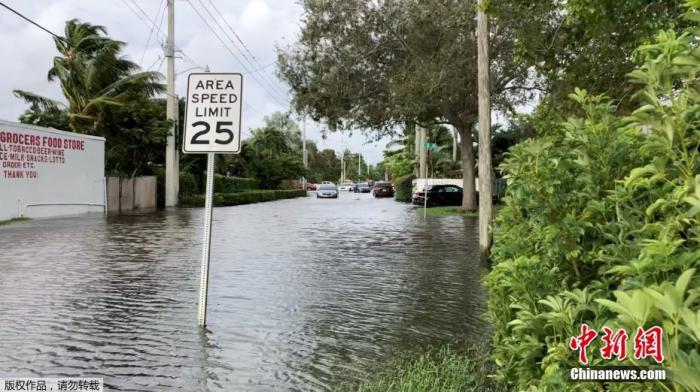 当地时间11月9日，美国佛罗里达州劳德代尔堡，飓风“埃塔”引发洪水，街道被淹。此前中美洲多国已因“埃塔”受灾严重，数十人死亡，数十万人被迫撤离，基础设施和房屋也遭到严重破坏。