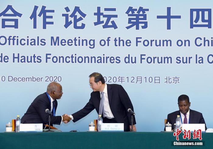 图为外交部部长助理邓励（中）与喀麦隆驻华大使姆帕纳（左）握手致意。
<a target='_blank' href='http://www.chinanews.com/'>中新社</a>记者 侯宇 摄