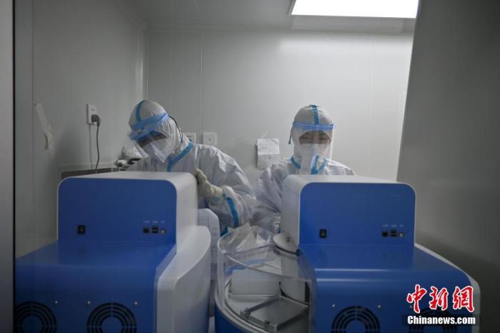 1月13日，在河北石家庄市金域医学检验实验室园区，方舱内忙碌的核酸检测工作人员。中新社记者 翟羽佳 摄