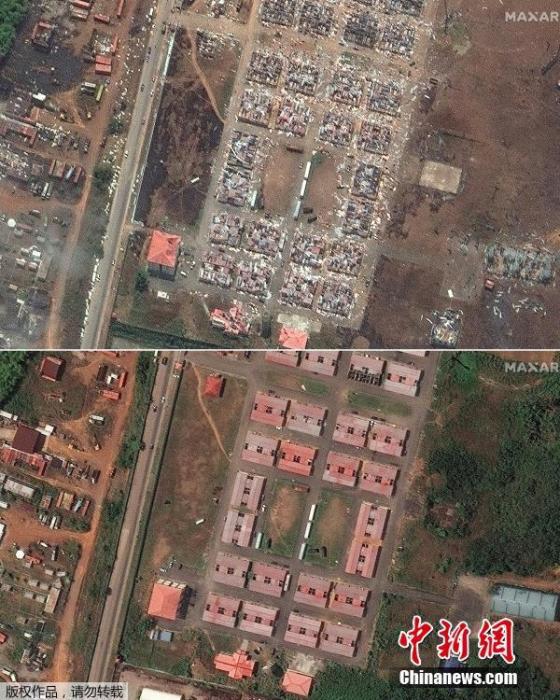 当地时间3月9日， 美国Maxar公司发布了几内亚爆炸后的现场照片，地面大部分建筑都被夷为平地。图为爆炸前后对比。