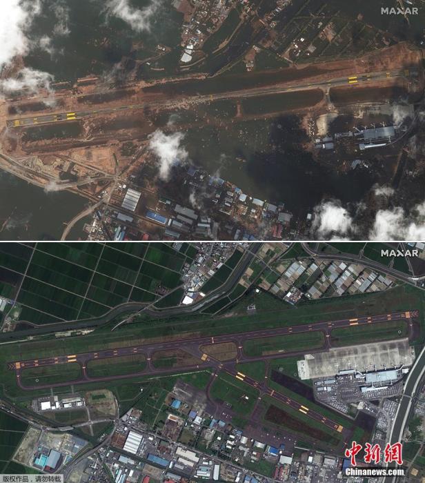 2021年3月11日，日本“3·11”大地震十周年。上图：2011年3月12日，日本仙台机场受损情况。下图：2020年8月11日，卫星航拍的仙台机场。