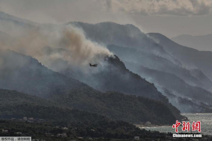 5月20日，希腊阿莱波科里村附近发生森林火灾时，消防飞机飞越海岸线。