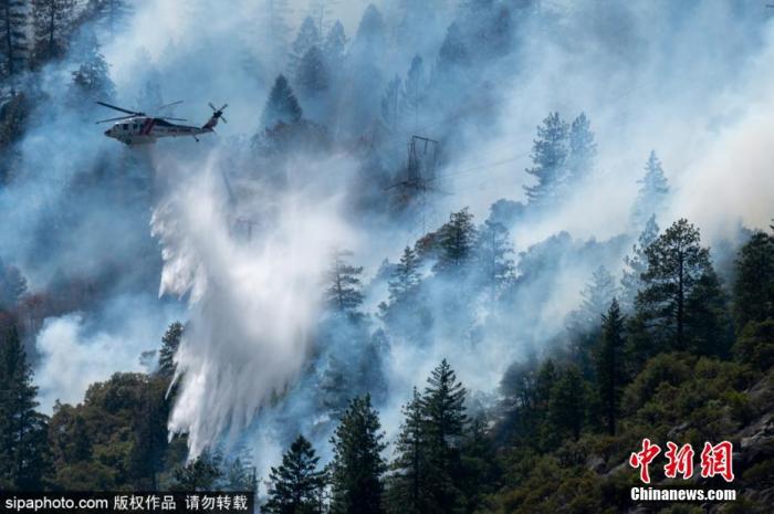 当地时间2021年7月14日，美国加利福尼亚州普卢默斯县，当地山火肆虐，白烟四起，消防飞机洒水灭火。 图片来源：Sipaphoto