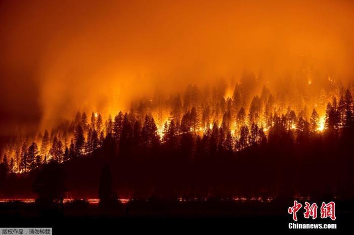 当地时间8月13日，美国加利福尼亚州普卢默斯县，Dixie山火肆虐，沿途山坡的树木被点燃，火光冲天。
