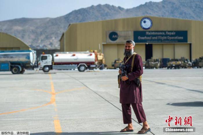 当地时间8月31日，美军所有部队撤离阿富汗后，在喀布尔机场，一名塔利班成员在阿富汗空军飞机附近站岗。