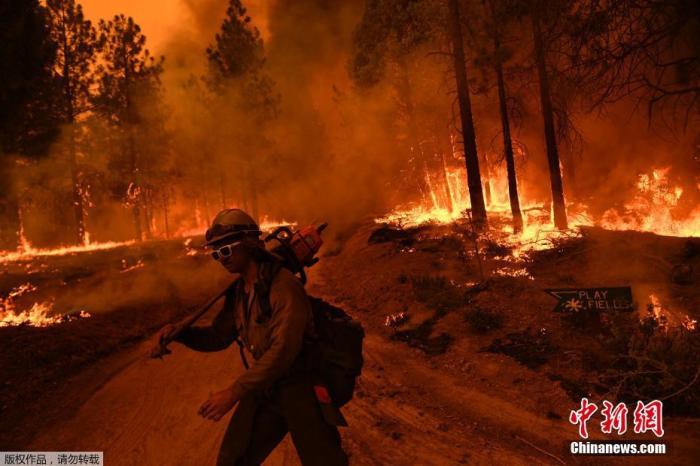 资料图：当地时间9月22日，美国加州红杉国家公园山火持续，浓烟遮天蔽日。图为消防员穿行在山火间。