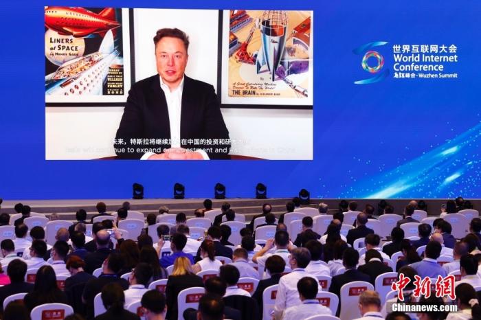 图为特斯拉公司首席执行官伊隆·马斯克以视频方式发表演讲。 <a target='_blank' href='http://www.chinanews.com/'>中新社</a>记者 韩海丹 摄