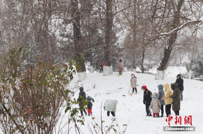 资料图：市民在雪地玩耍。 中新社记者 苍雁 摄