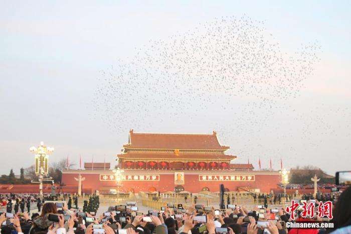 1月1日清晨，北京天安门广场举行升旗仪式，和平鸽在广场上空飞翔。 中新社记者 易海菲 摄
