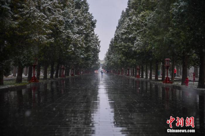 3月17日，北京市民冒雪在天坛公园游览。当日，北京迎降雪天气。 中新社记者 田雨昊 摄