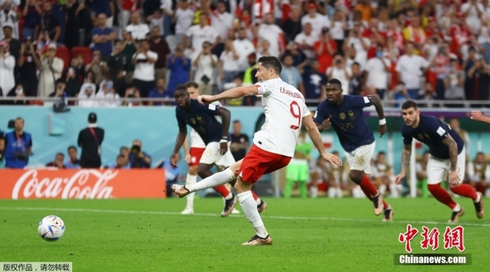 当地时间12月4日，2022卡塔尔世界杯1/8决赛，法国队3:1淘汰波兰队，成为第三支晋级本届世界杯8强的队伍。图为莱万多夫斯基主罚点球。