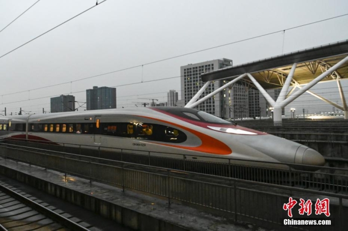 1月11日，广东省广州市，一列由香港西九龙站始发的高铁列车抵达广州南站。 中新社记者 陈骥旻 摄