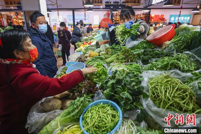 2月10日，江苏南京，市民在当地一家农贸市场内选购蔬菜。中国国家统计局当日公布，2023年1月份，全国居民消费价格同比上涨2.1%。1月份CPI中，食品价格同比上涨6.2%。 中新社记者 泱波 摄