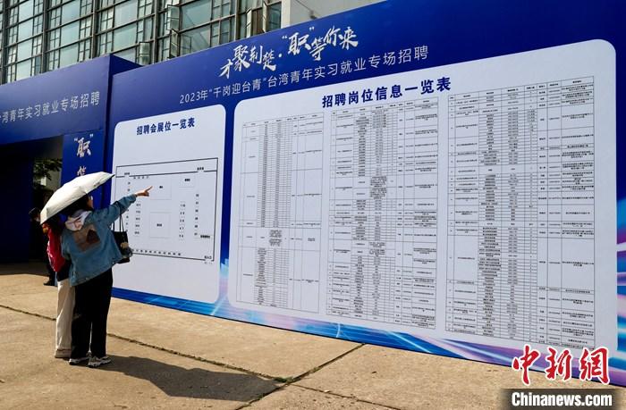 4月25日，湖北2023年“千岗迎台青”台湾青年实习就业专场招聘在武汉举行，活动以“线下招聘＋直播带岗”方式，面向台青提供实习、就业岗位1161个。图为求职者了解求职信息。 <a target='_blank' href='/'>中新社</a>记者 张畅 摄