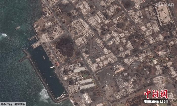毛伊島拉海納小鎮火災后的衛星影像。