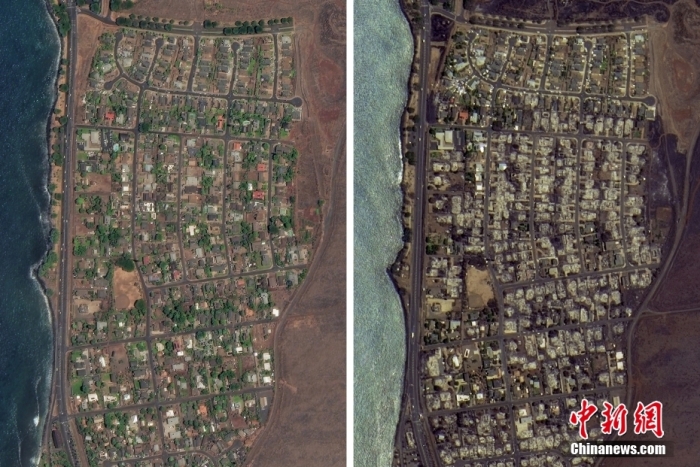 据美国有线电视新闻网(CNN)报道，截至当地时间14日下午，夏威夷官方确认，已有99人在毛伊岛大火中遇难。夏威夷州长格林当天在接受采访时表示，死亡人数仍将大幅上升，可能在未来十天内翻一番。报道称，夏威夷毛伊岛大火已成为美国一个多世纪以来最为致命的火灾。目前搜救工作仍在持续?；鹪衷蛘诘鞑橹?。图为毛伊岛拉海纳小镇火灾前(左)和火灾后(右)的卫星影像对比。(拼接图)图/视觉中国