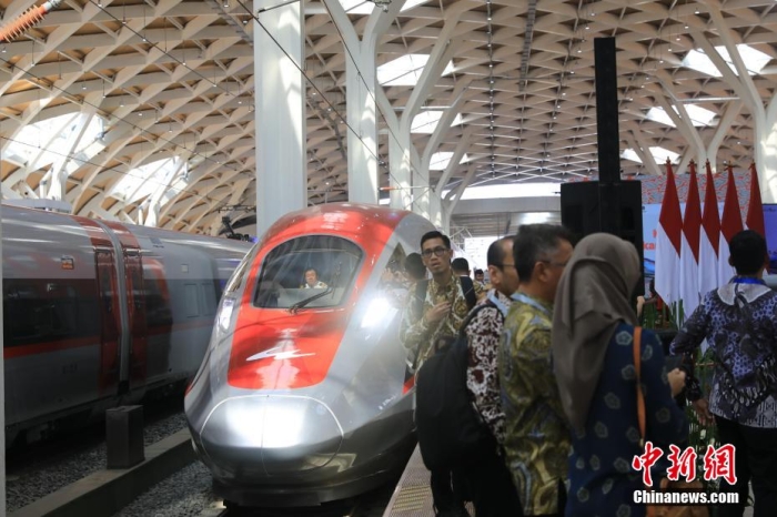 10月2日，印度尼西亚总统佐科在印尼首都雅加达哈利姆高铁站宣布雅万高铁正式启用。中国驻印尼大使馆、中国铁路国际有限公司、印尼中国高速铁路有限公司等单位负责人参加了启用仪式。图为仪式现场停靠的动车组列车。李志全 摄