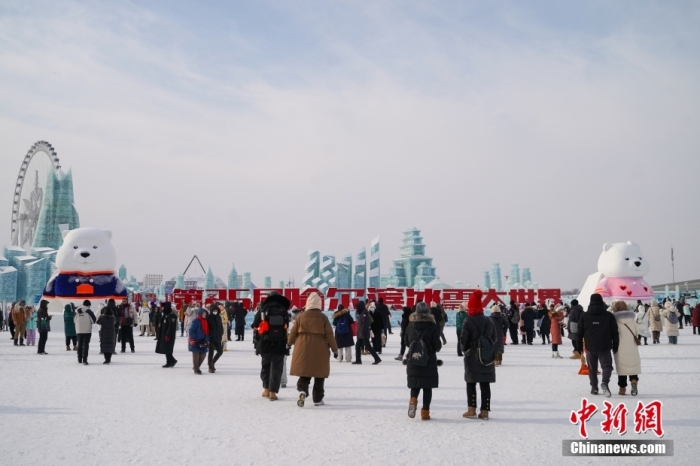 1月4日，第25届哈尔滨冰雪大世界内的冰雕吸引游客观看。白天的冰雪大世界，游客仿佛置身现实版“冰雪奇缘”。
中新社
发 赵宇航 摄