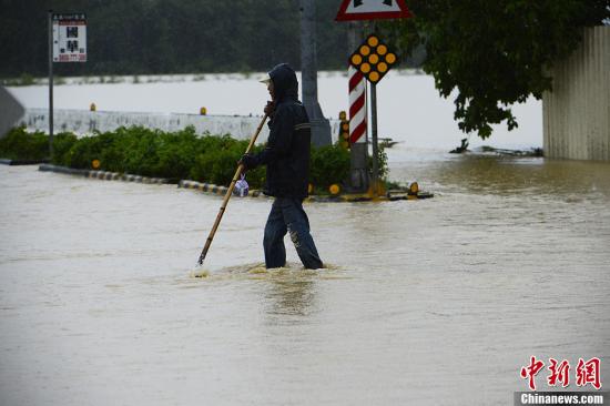 8月29日，台湾嘉义县，民众在被雨淹没的马路出行。受台风“康妮”影响，嘉义降下大暴雨，多条马路被淹。台风“康妮”给台湾中南部地区带来超大豪雨，截至上午11时37分，台湾水利部门对9个县市发布一级淹水警戒。超大豪雨区域包括屏东县、高雄市、台南市、嘉义县、云林县、南投县、台中市、嘉义市；大豪雨区域包括台北市、新北市、桃园县、新竹县、苗栗县、彰化县。刘震 摄
