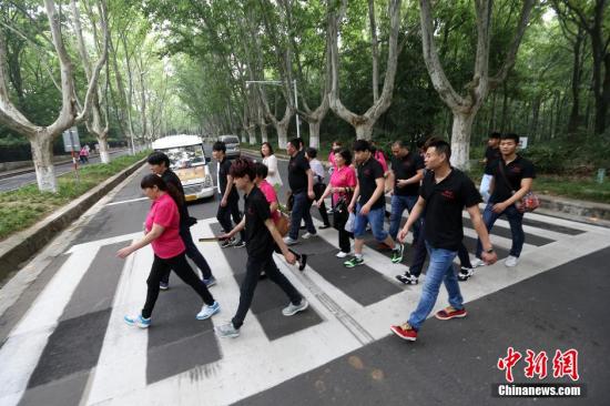 资料图：行人在南京中山陵园风景区内的道路上过斑马线。中新社发 泱波 摄