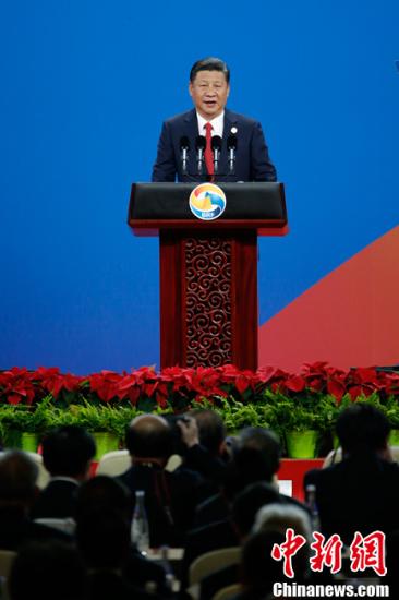 5月14日上午，中国国家主席习近平在北京出席“一带一路”国际合作高峰论坛开幕式并发表主旨演讲。中新社记者 盛佳鹏 摄