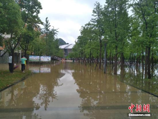 6月15日，暴雨导致六盘水师范学院低洼处积水。中新社记者 钟欣 摄