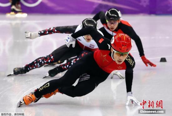 当地时间2月22日，2018年平昌冬奥会短道速滑男子500米1/4决赛，中国选手武大靖以39秒800的成绩刷新世界纪录，并打破奥运会纪录，以较大领先优势小组第一晋级半决赛！另一名中国选手任子威也以40秒032晋级半决赛。图为中国选手任子威在比赛中。