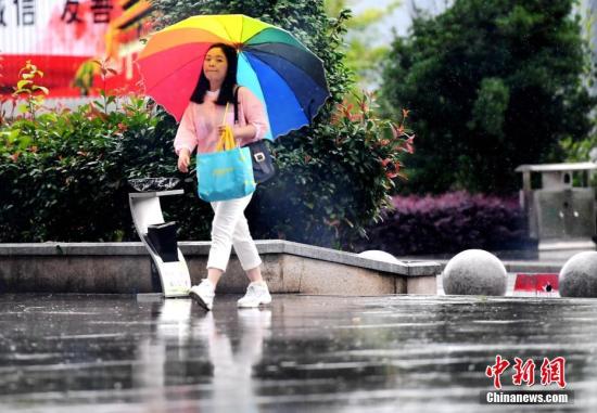 5月7日，福建省三明市将乐县一位市民在雨中出行。 中新社记者 张斌 摄