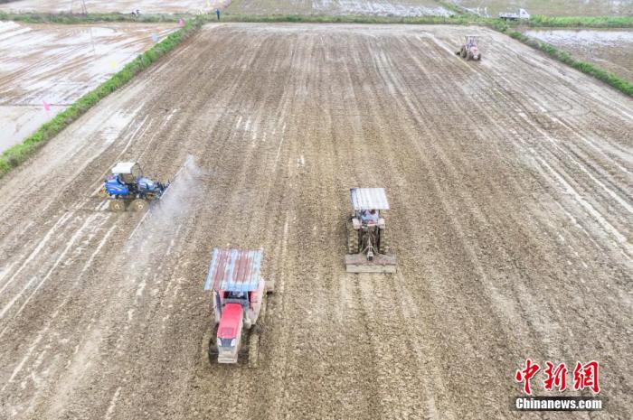 资料图：各类农机设备正在稻田里进行机械化作业。 刘力鑫 摄