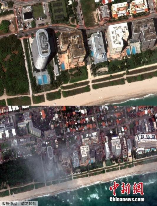 图为高楼坍塌前后卫星对比图，上图为2021年3月11日迈阿密-戴德县高层公寓的卫星图片，下图为2021年6月25日迈阿密-戴德县高层公寓倒塌后的卫星图片。