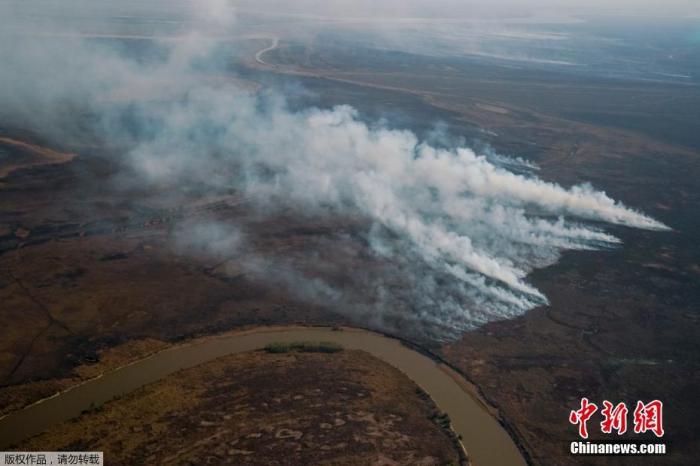 当地时间2021年8月31日，阿根廷，受连日干旱的影响下，圣尼古拉斯附近的巴拉那河三角洲发生火灾。南美最大、最重要的湿地生态系统巴拉那河三角洲正在干涸，并达到几十年来的最低水平，专家指出，这是全球变暖、集约化农业和森林砍伐造成的。