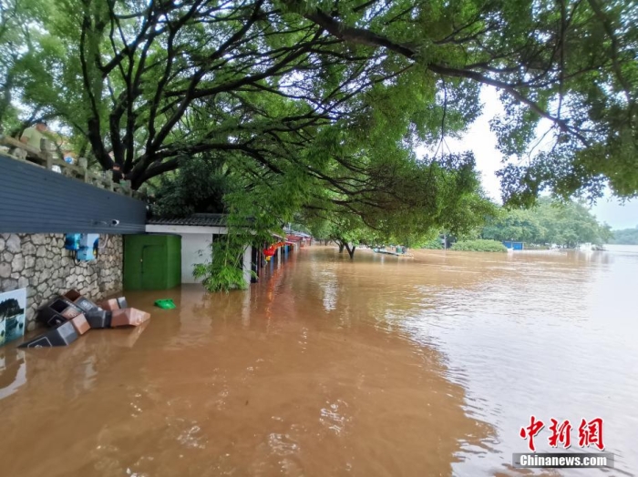 图为桂林象鼻山景区内多处被洪水淹没，当天已封园。 欧惠兰 摄