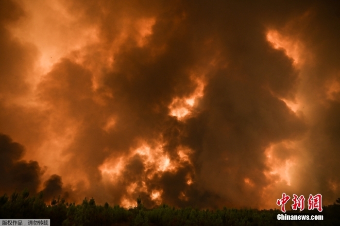 资料图：当地时间8月10日，法国西南部吉伦特省Belin-Beliet山火持续燃烧，滚滚浓烟冲天。